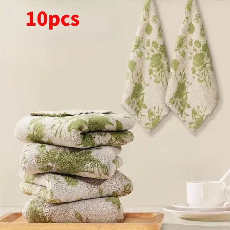 Coral Kitchen Dish Cloths Soft Thick Reusable Green Rose Pattern