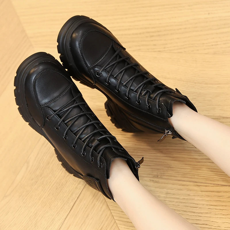 Black Leather Combat Boots Women 2026 Lace Up Side Zipper Round Toe Zpaxo
