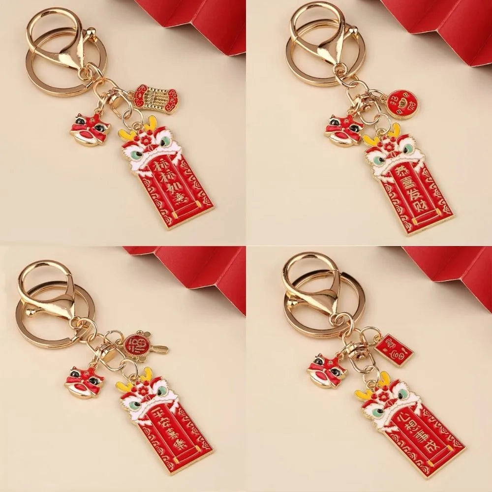 Fashion Zinc Alloy Lion Dance Keychain Wealth Blessing Key Ring Accessory Red Chinese Style Key Lucky Pendant Women/Men Zpaxo