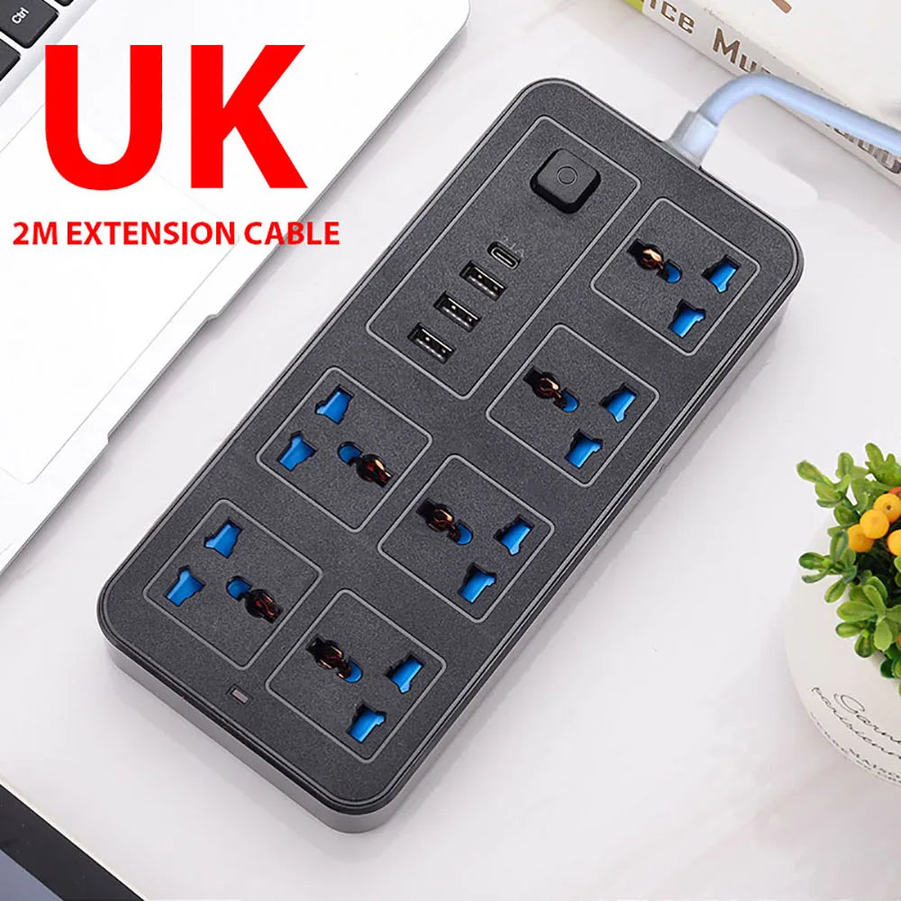 Universal Power Strip TypeC USB Port Outlet Power Strip 2M Extension Cord AC Power Socket Charge Electrical Socket EU US UK Plug Zpaxo Black UK