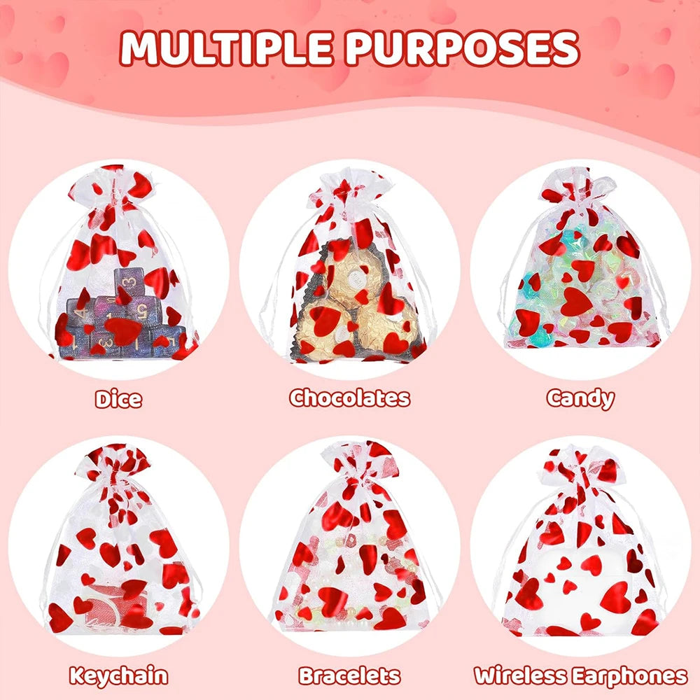 6/30/60/120Pcs Valentine's Day Red Heart Organza Bags Gift Bags Pouches Jewelry Candy Packaging Drawstring Bags for Wedding Zpaxo