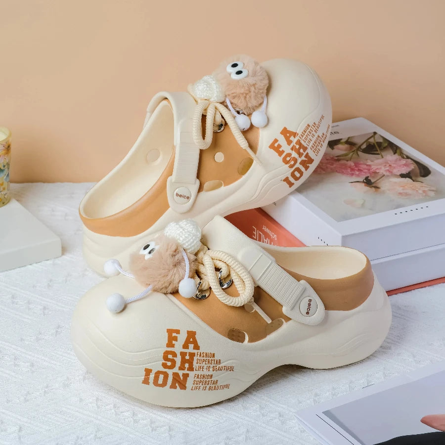Women's Outdoor Chunky Platform Sandals Non-slip Clogs Slides Flat Zpaxo Beige 39-40