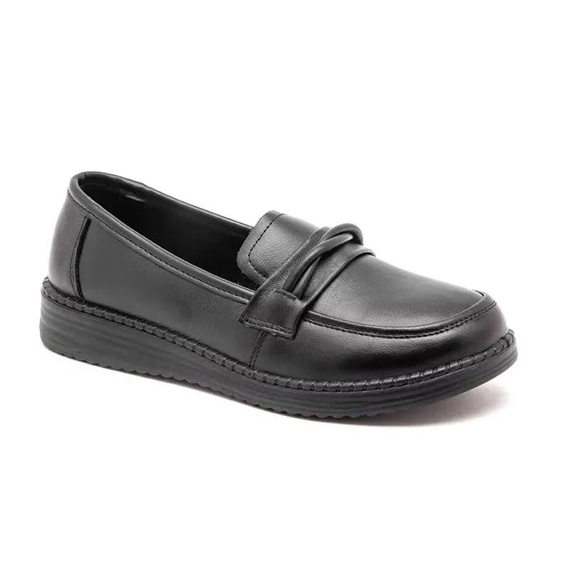 Black Leather Loafers Women Knot Detail Round Toe Non Slip Thick Sole Zpaxo