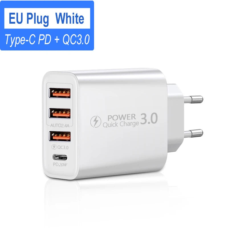 60W 4-Port USB-C Fast Wall Charger – PD & Quick Charge 3.0 USB Wall Charger Zpaxo EU White