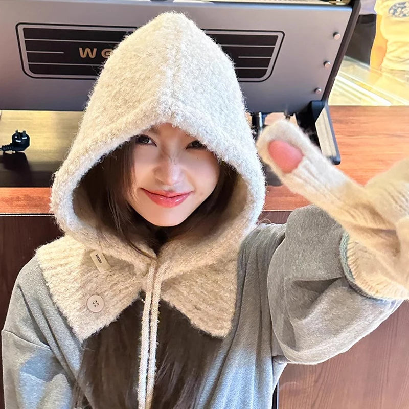 Korean Hat Scarf Women's Autumn Winter Warm Ear Protection Hooded Zpaxo