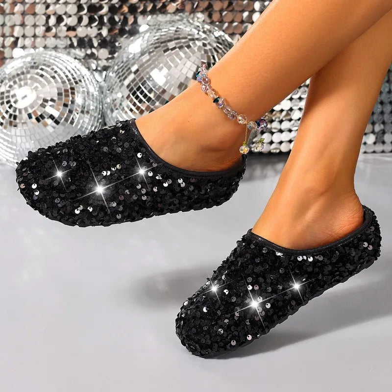 Bling Sequin Wedge Women's Slippers Round Toe Semi-sandals Outdoor Zpaxo