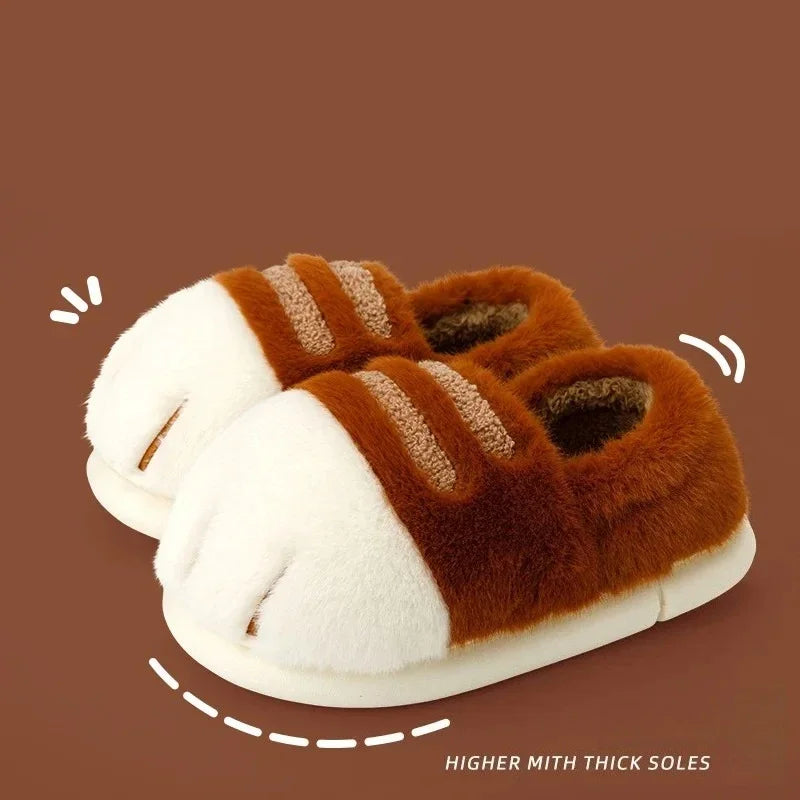 Winter Warm Cat Paw Slippers Plush Furry Loafers Closed Heel Women