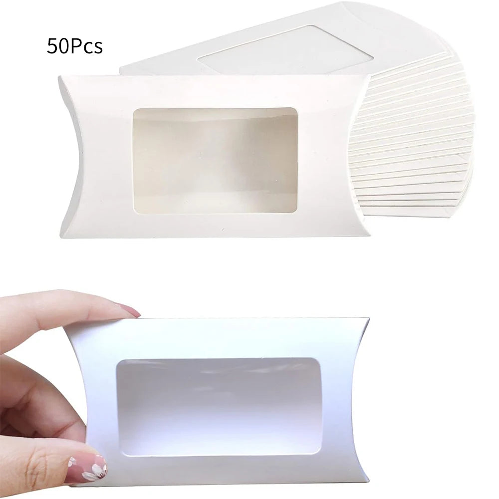 50Pcs Kraft Paper Pillow Box with Clear Window Party Favors Mini Pillow Packaging Box for Candy Chocolate Gift Jewelry Wedding Zpaxo White as picture show