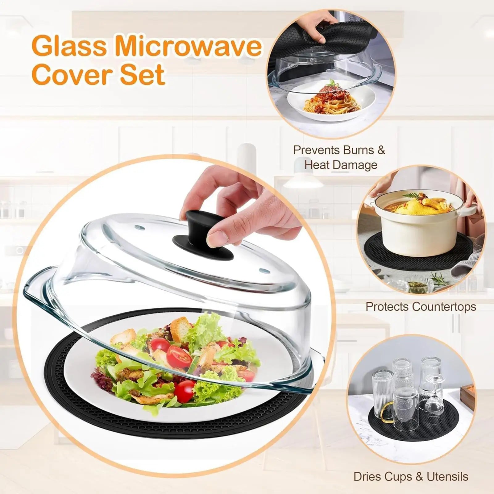 Glass Microwave Cover For Food Reusable Heating Clear Lid With Silicone Handle Microwave Splatter Cover Glass For Oven Bowls Zpaxo