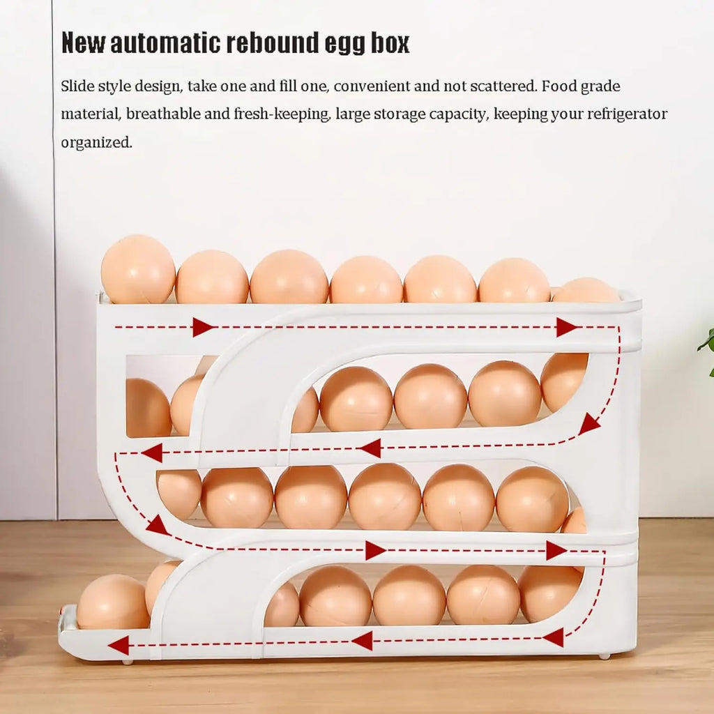 4-Tier Rolling Egg Holder – 18-Egg Auto-Feed Fridge Organizer