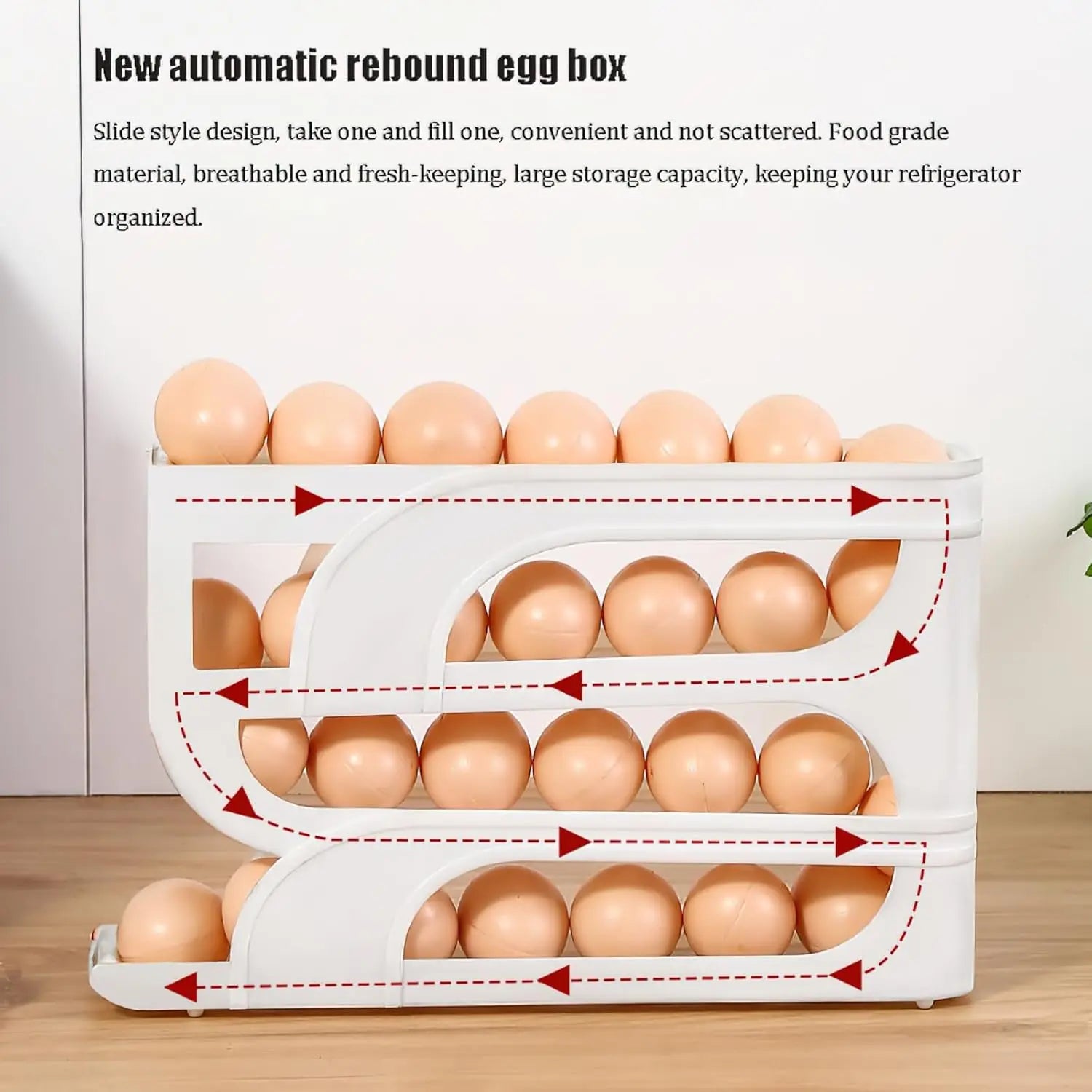 4-Tier Rolling Egg Holder – 18-Egg Auto-Feed Fridge Organizer
