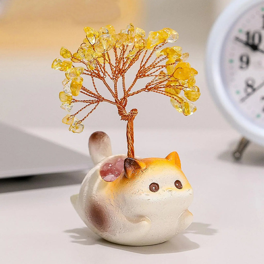 Citrine Crystal Money Tree Cute Kitten Statue Cat Decoration Desk Car