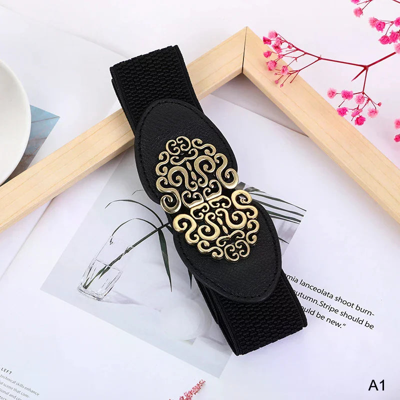 Korean Fashion Ladies Decorated Elastic Wide Belt Buckle Dress Zpaxo