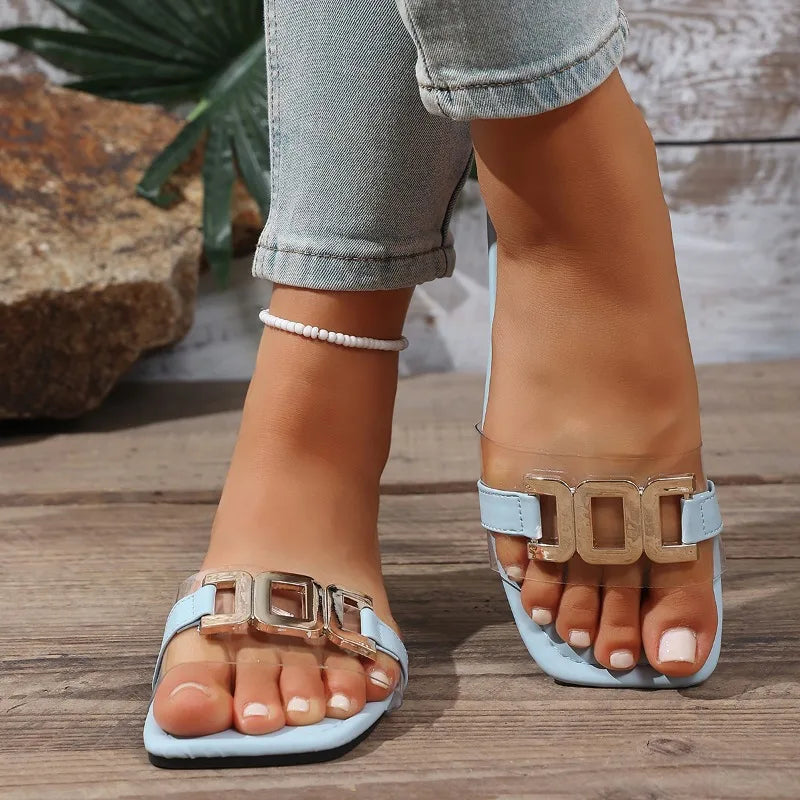 Women's Sandals Summer Large Fashion Metal Buckle Slippers Flat Pvc