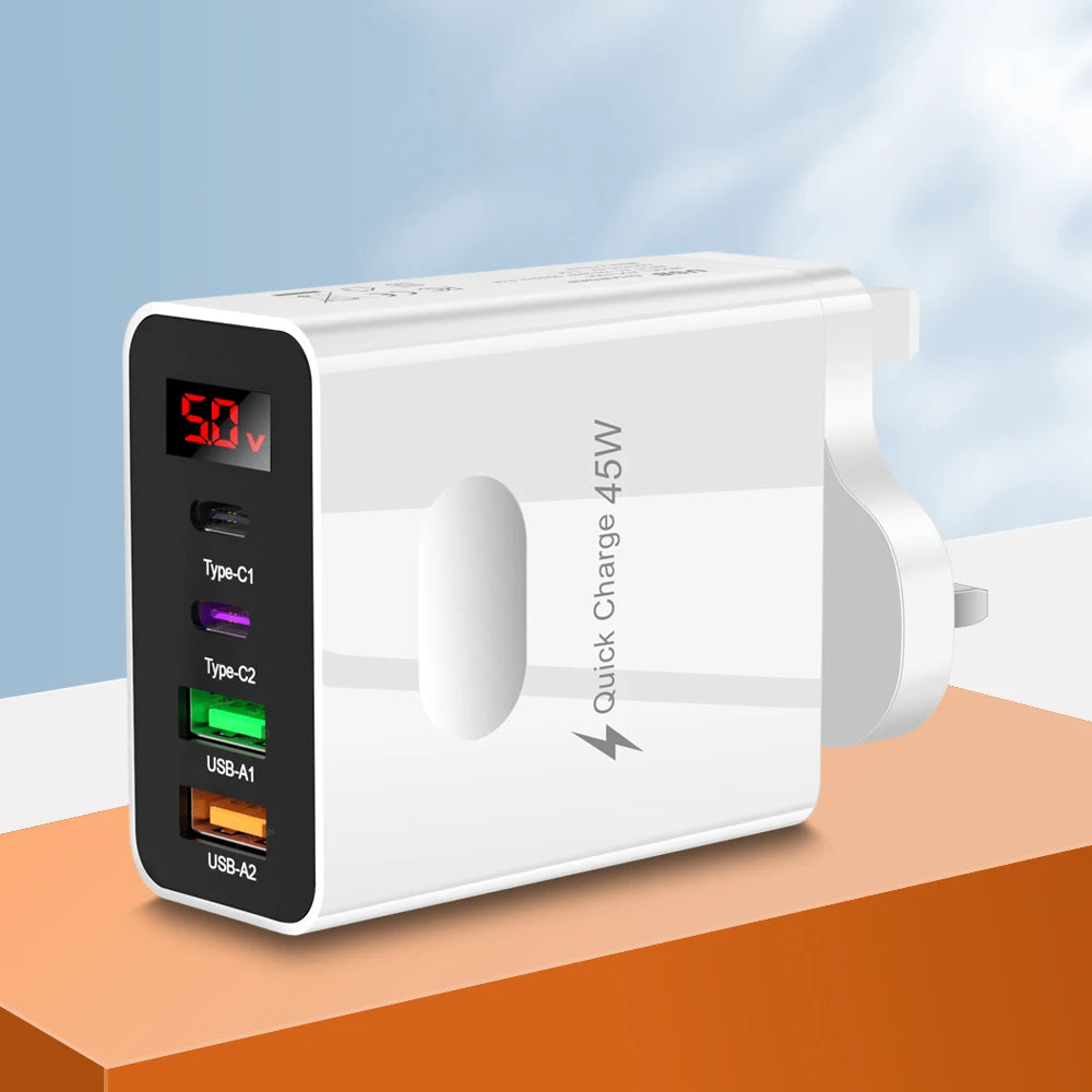 45W 4-Port USB-C Fast Wall Charger | QC 3.0 & PD Display USB Wall Charger Zpaxo UK White