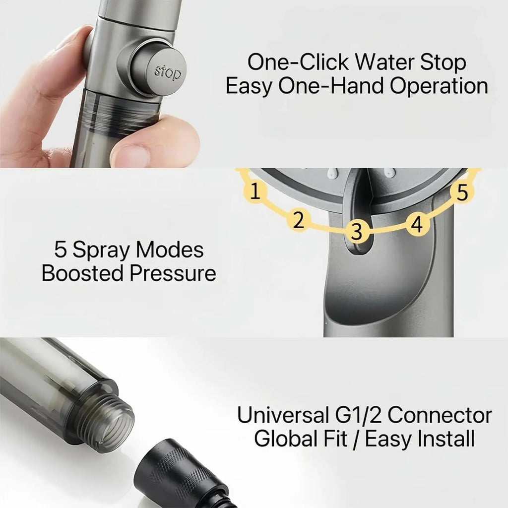 5-Mode Filtered Shower Head Pressure Adjustable Sprayer 5 Filters