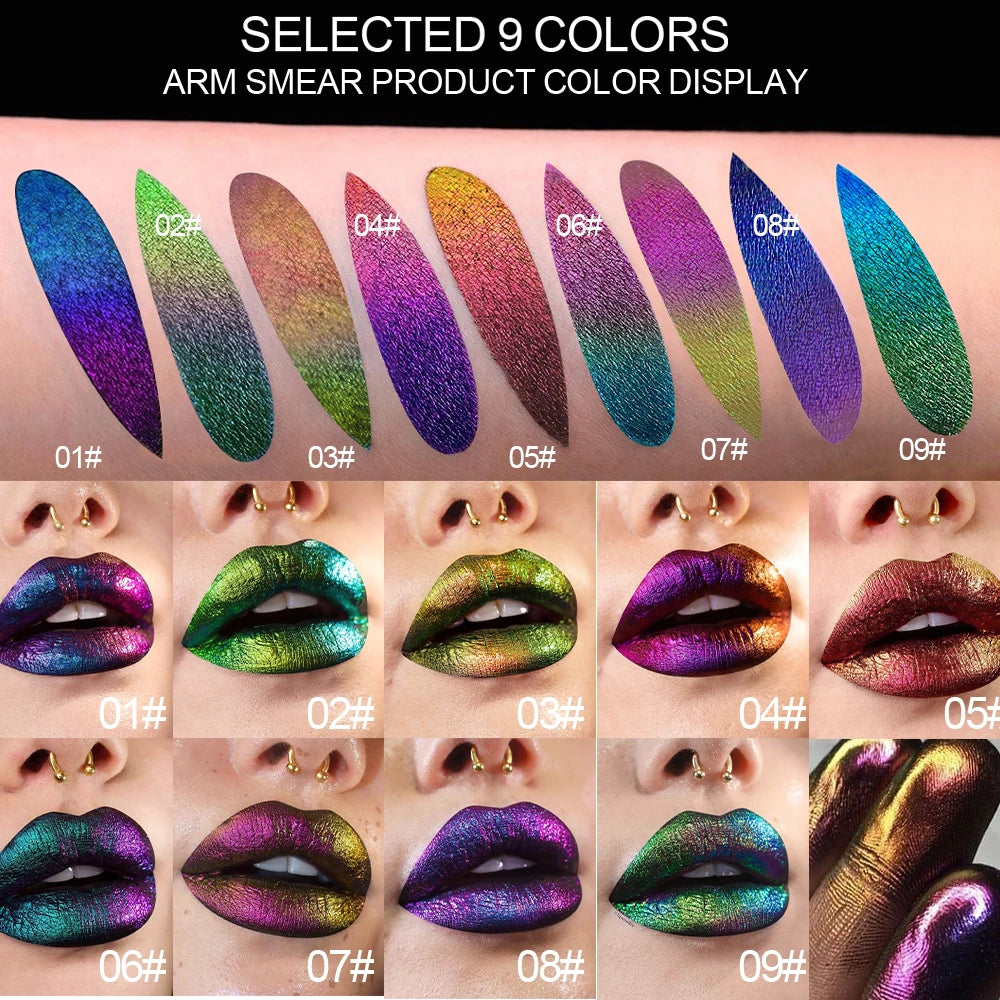 Chameleon Metal Lip Gloss Liquid Lipstick Brightening Long-Lasting Lip Gloss Multi-Color Long-Lasting Moisturizing Non-Stick Cup Zpaxo