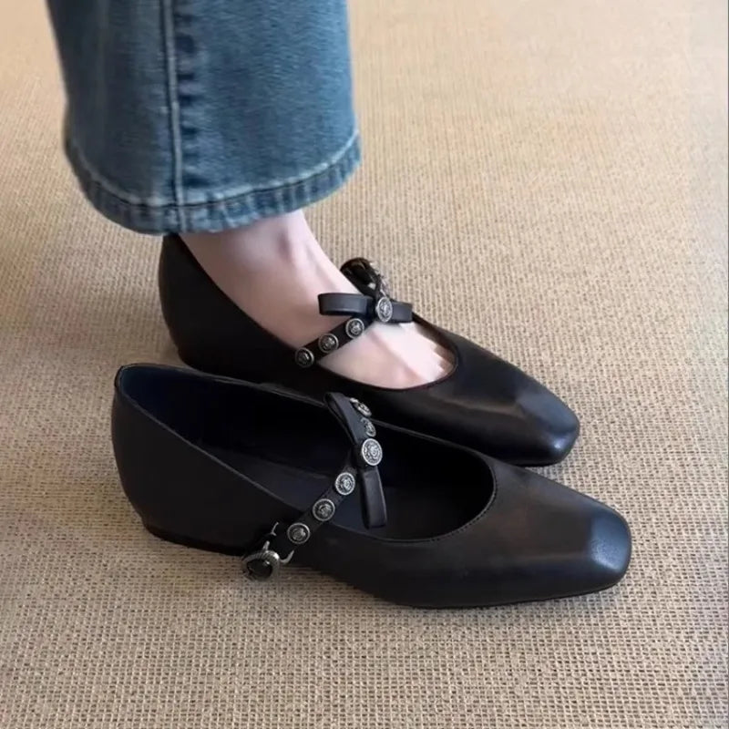 Flat Shoes for Women 2025 Spring and Autumn French Women flats Bow Shallow Mouth Ballet Shoes Square Toe Retro Mary Jane Shoes Zpaxo