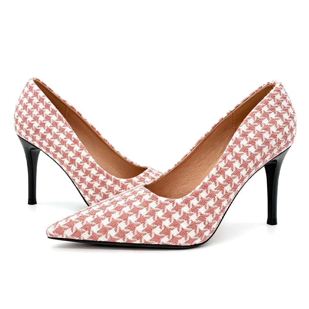 Women's Pink Houndstooth 9cm Heels – Vintage Plaid Pumps