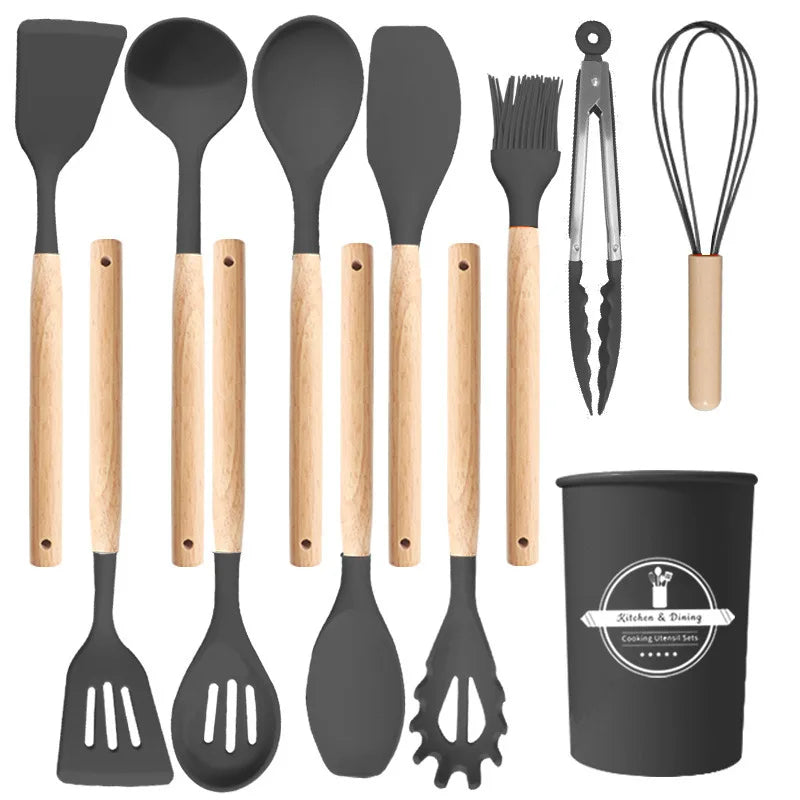 12Pcs/5pcs Silicone Kitchenware Non-Stick Cookware Kitchen Utensils Set Spatula Shovel Egg Beater Wooden Handle Cooking Tool Set Zpaxo Dark Grey 12PCS