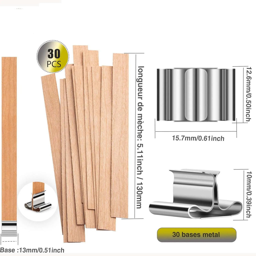 Wick Wooden Candle x30 + 30 Metal Bases Candle Wick 13 cm - Natural Wood Candle Wicks Candle Accessory Zpaxo 30pcs set