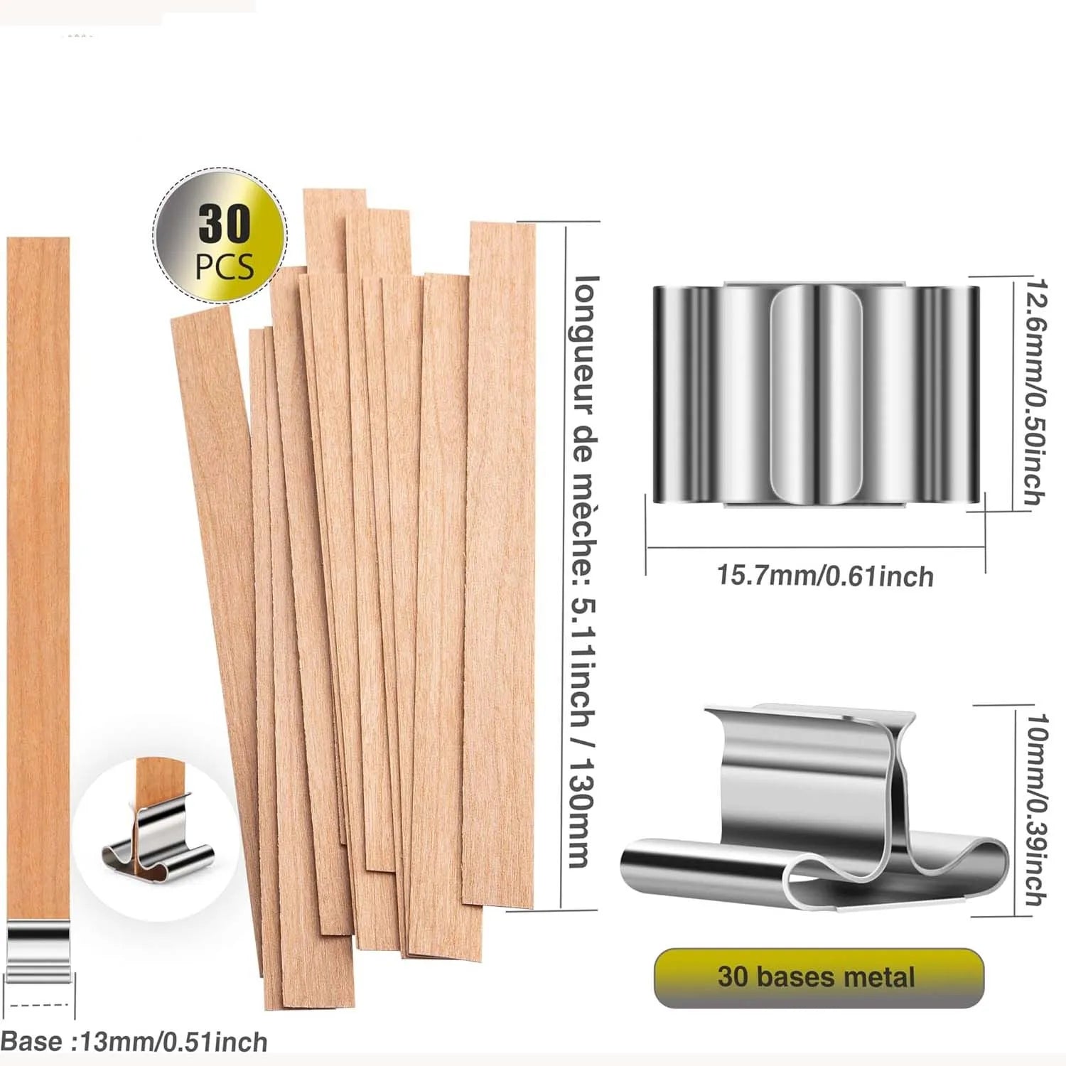 Wick Wooden Candle x30 + 30 Metal Bases Candle Wick 13 cm - Natural Wood Candle Wicks Candle Accessory Zpaxo 30pcs set