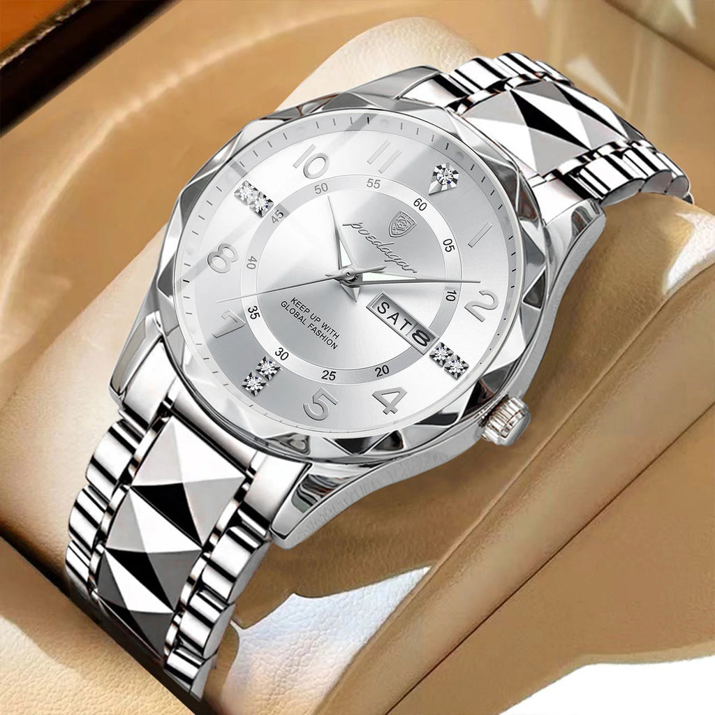 POEDAGAR Top Business Men Quartz Watch Waterproof Date Week Luminous Wristwatch Stainless Steel Fashion Men's Watches Man Clock Zpaxo 858 Silver White