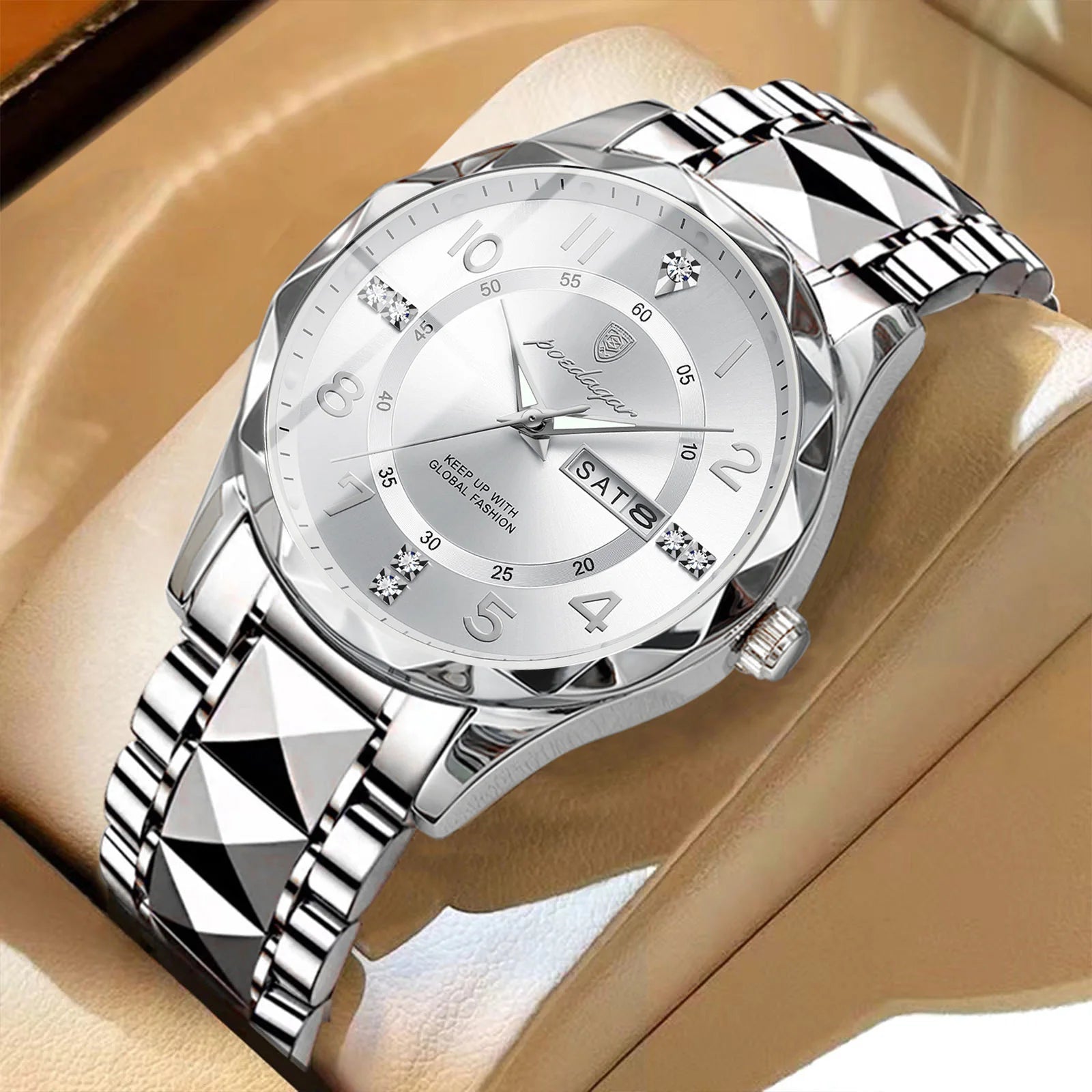 POEDAGAR Top Business Men Quartz Watch Waterproof Date Week Luminous Wristwatch Stainless Steel Fashion Men's Watches Man Clock Zpaxo 858 Silver White