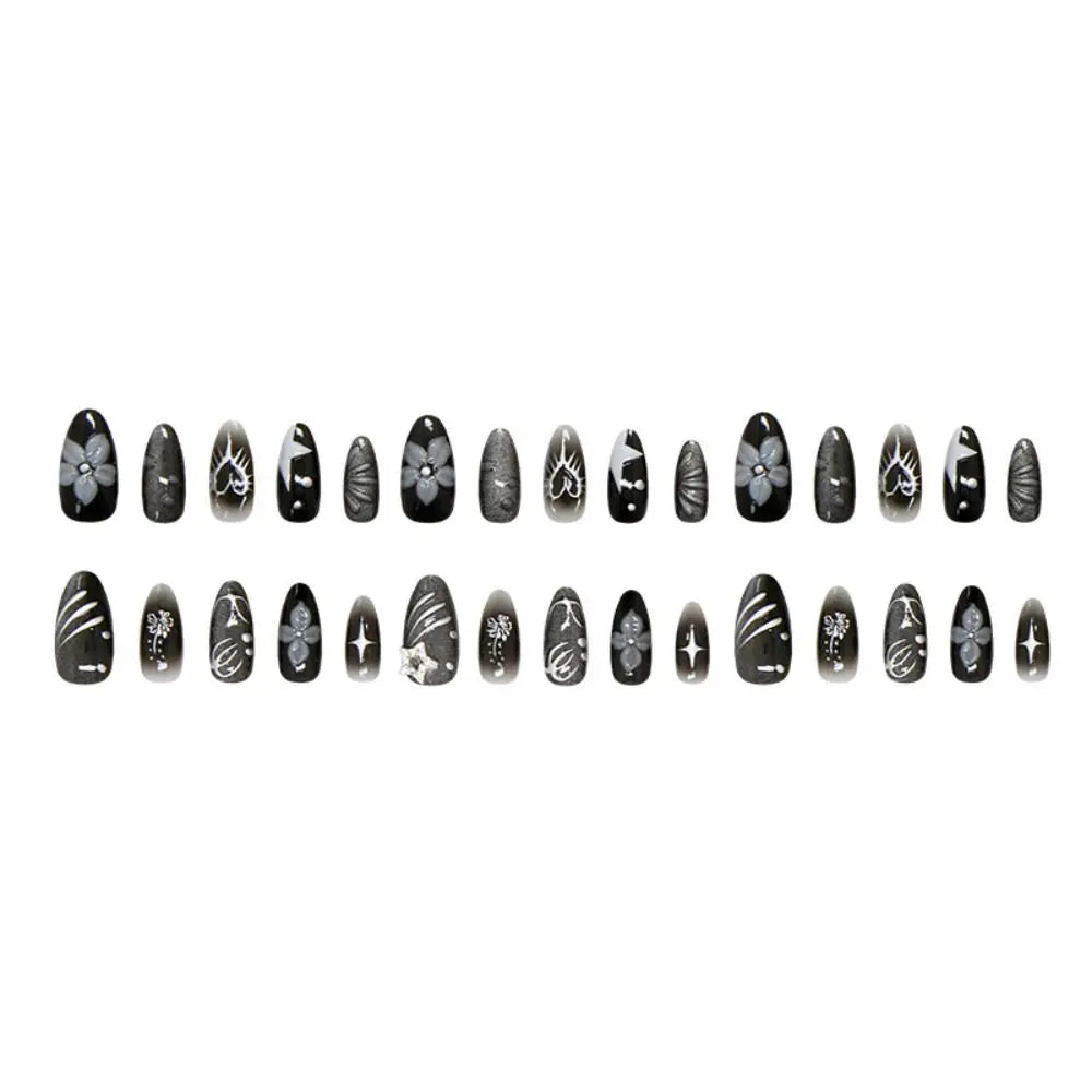 Manicure Long Almond False Nails French Flowers Heart-shaped Stripes Zpaxo