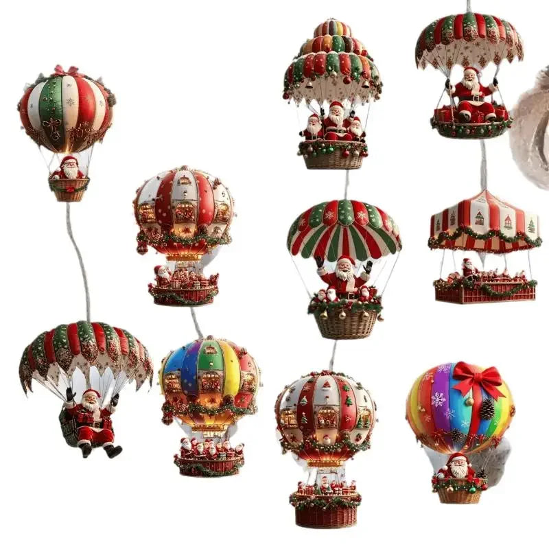 Christmas Wooden Air Balloon Santa Claus 2D Flat Pendant Tree Zpaxo