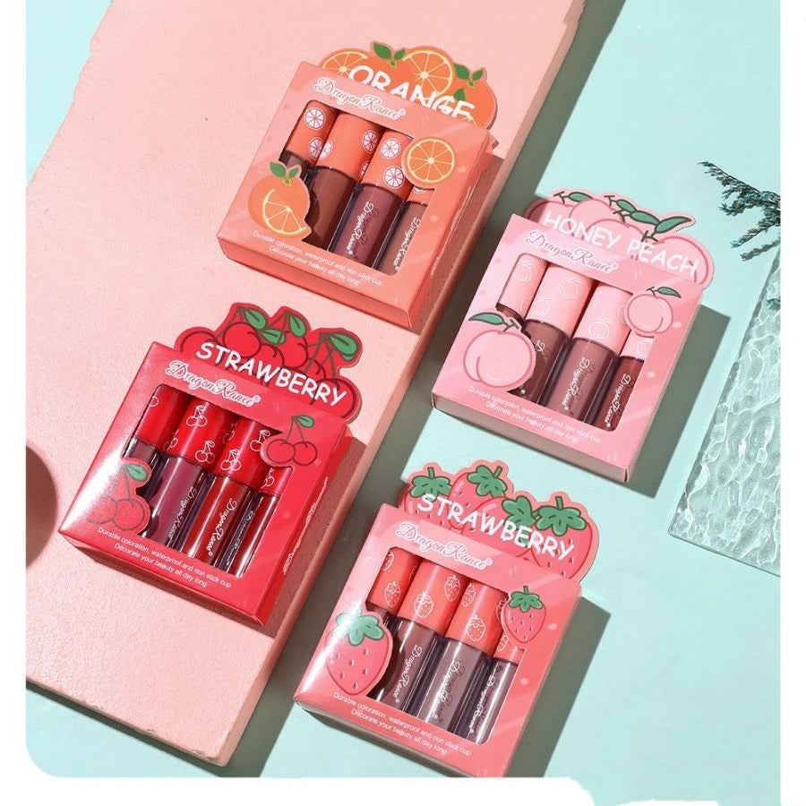 Mini Velvet Matte Lip Gloss Set, 4-Piece Non-Fading, Non-Stick Cup, Long-Lasting Fruit Scented Lip Tint, Smooth and Lightweight Zpaxo
