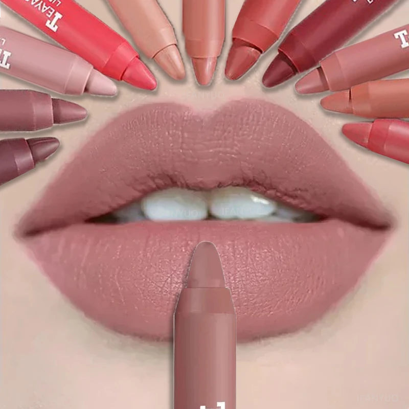 12 Colors Matte Lipstick Lip Liner Easy Coloring Non-stick Cup Pen