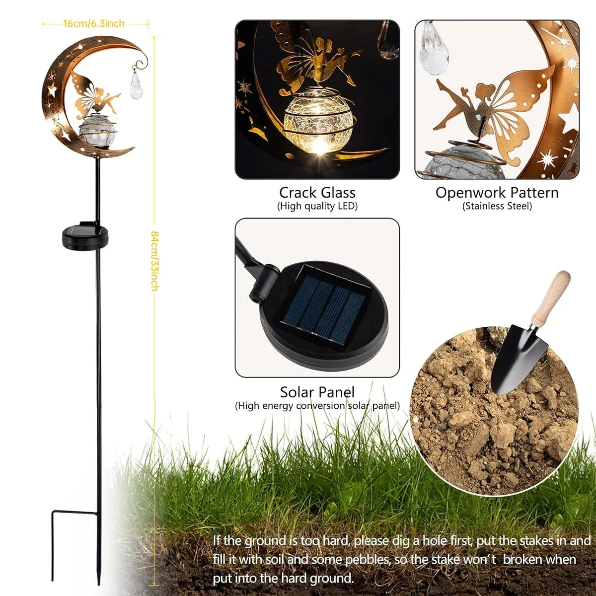Solar Stake Lights Moon Fairy Garden Lamp Outdoor Crackle Glass Globe Zpaxo