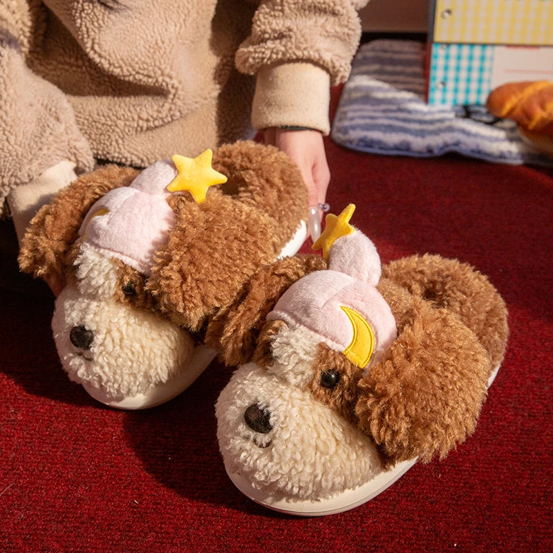 SHAJI Womens Winter Cute Cartoon Dog Fluffy Fuzzy Plush Slippers