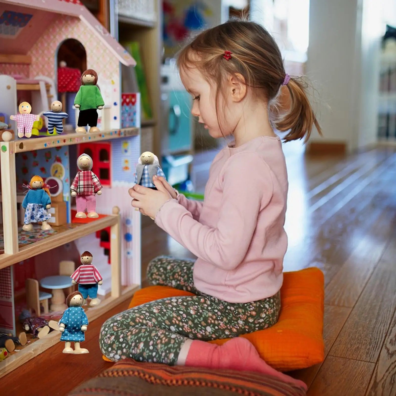 Doll House People 8 Wood Mini Figures Bendable Human Dolls Toddler