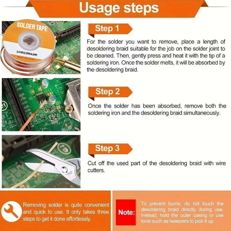 1.5/3.0M Copper Welding Wire Desoldering Mesh Braid Tape Welding Point Solder Soldering Tool of Electronic PCB Circuit Board Zpaxo