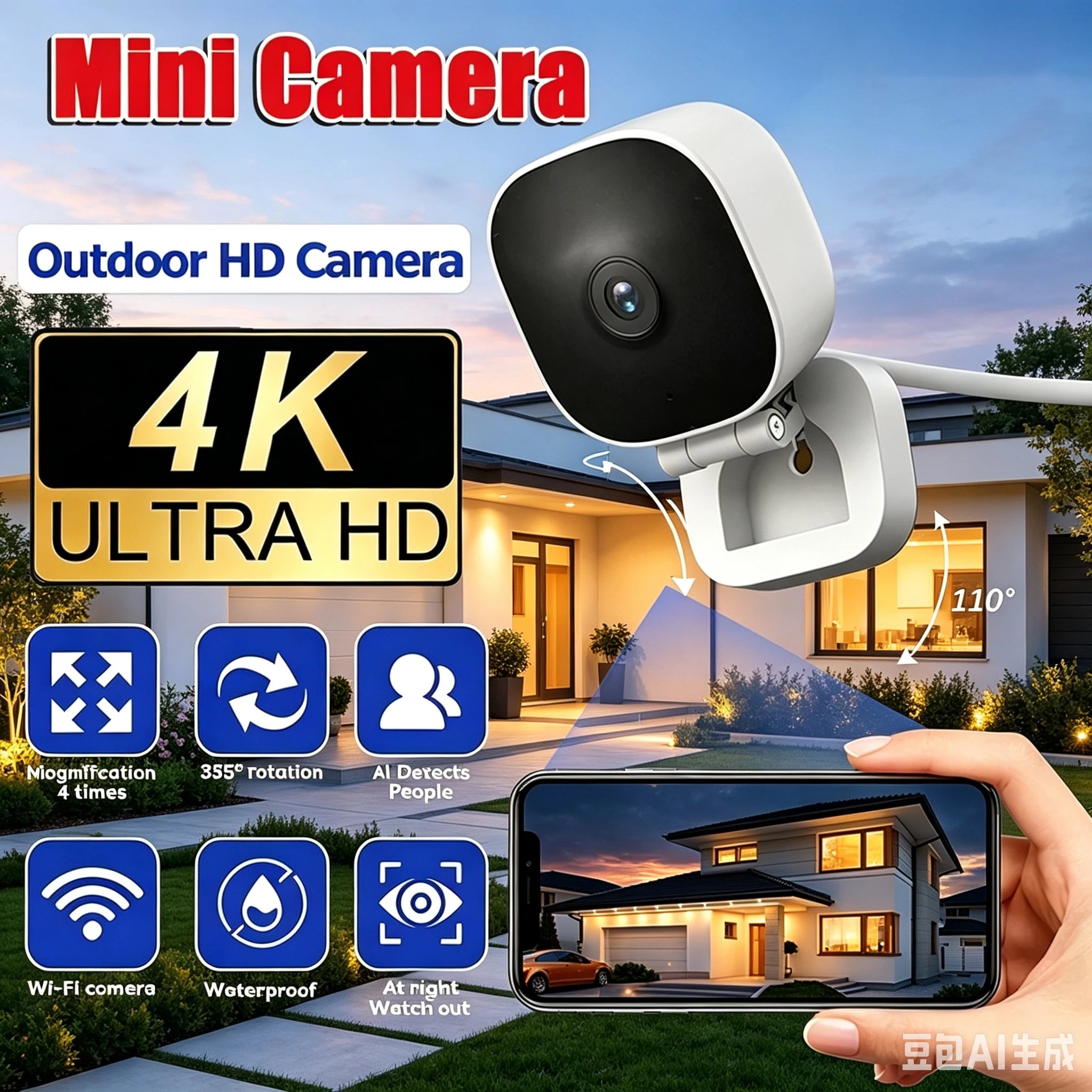 4K Mini Security Camera IP65 Waterproof Full Night Vision Motion