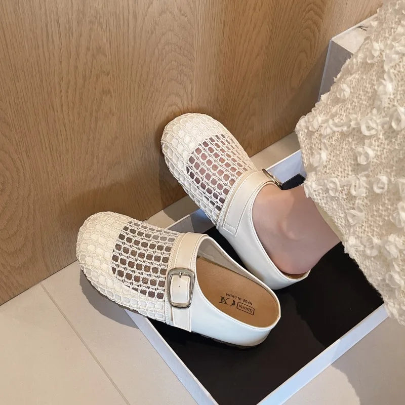 Women's Round Closed Toe Mesh Fabric Hollow Out Breathable Mid Heel Zpaxo Beige 39