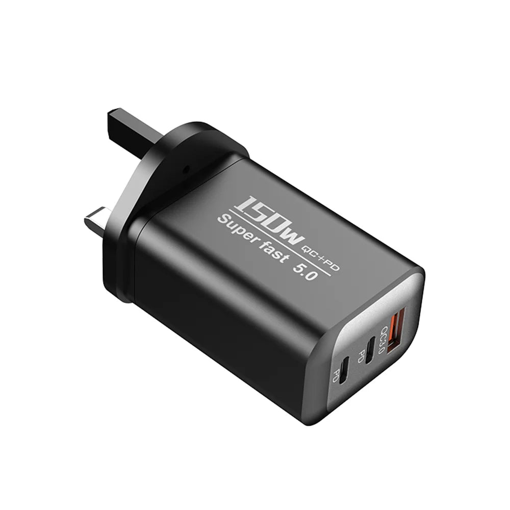 150W 3-in-1 USB-C Fast Charger PD QC3.0 | EU UK US Plug USB-C Wall Charger Zpaxo UK Black