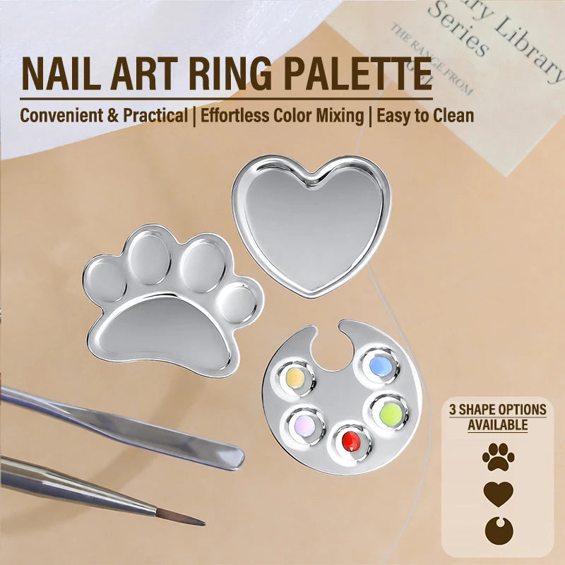 Cartoon Cat's Paw Nail Palette Stainless Steel Ring Mixing Drawing Zpaxo