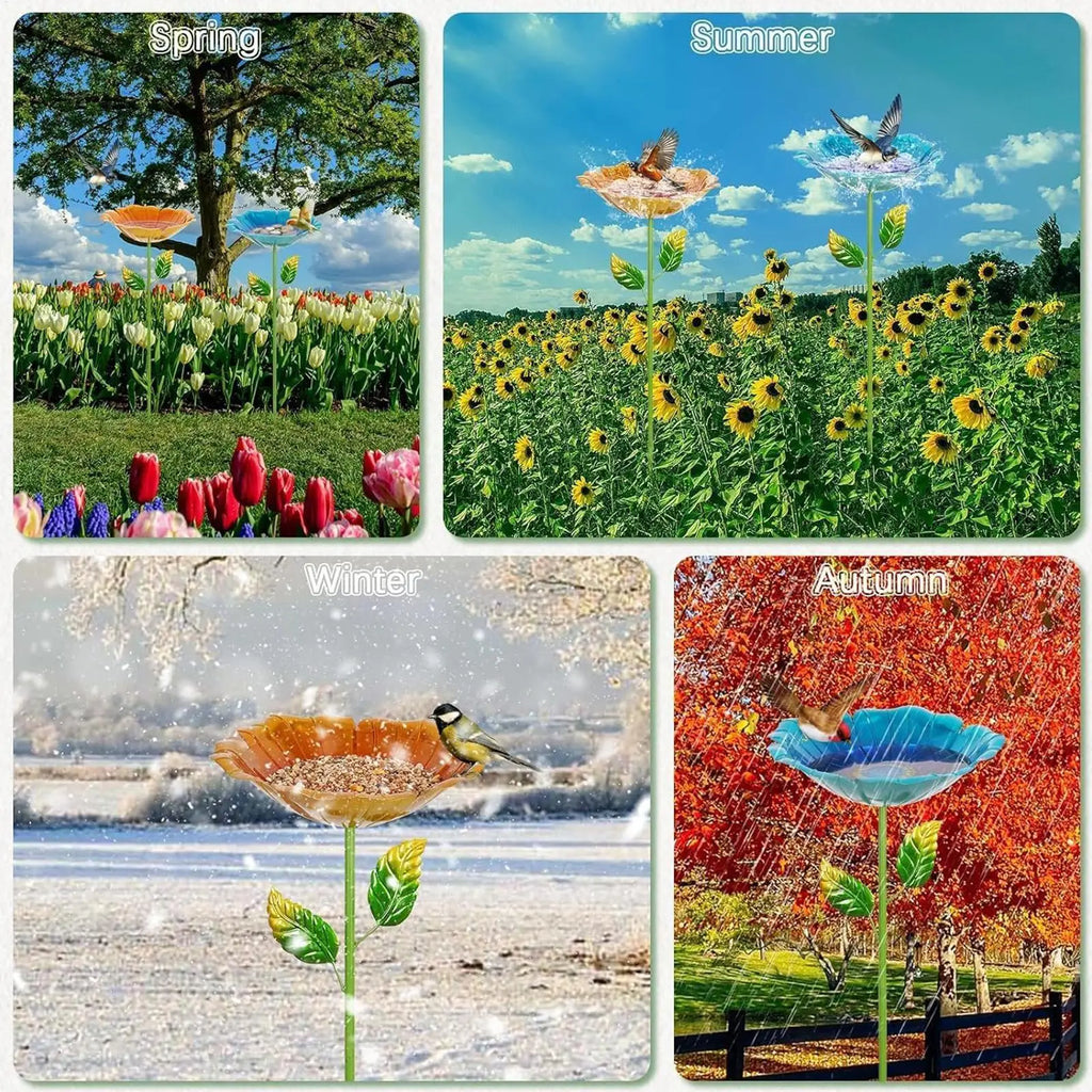 Bird Bath Flower-shaped Colorful Metal Stakes Birdbath Outdoor Garden