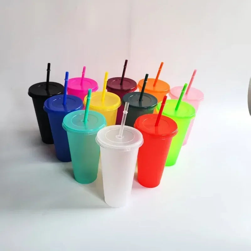 5pcs 710ml Assorted Solid Color Reusable 24oz Plastic Cold Cup Coloured Cup Colored Straw Cup Glasses with Straw and Lid liyi Zpaxo