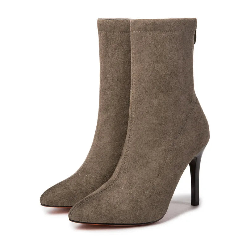 2023 Autumn Winter Heel Velvet Short Boots Pointed Toe Solid Thin Zpaxo