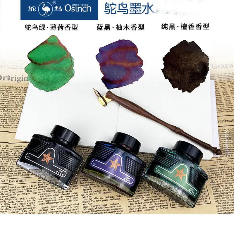 Ostrich Scented Fountain Pen Ink Black Blue-Black Green Non-Erasable Quick-Drying Red Waterproof Non-Carbon Ink 60ml Zpaxo