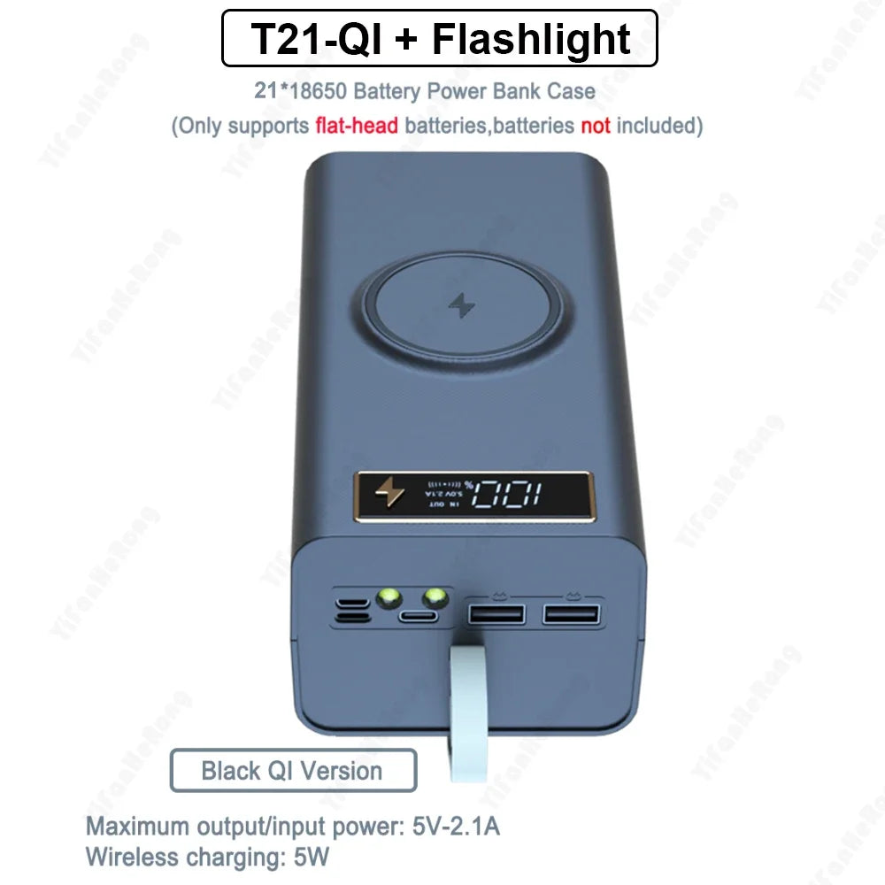 Dual USB DIY Shell Support Quick & Wireless Charger 21*18650 Power Bank Battery Box Case 18650 Battery Storage Box Holder Zpaxo Wireless Black
