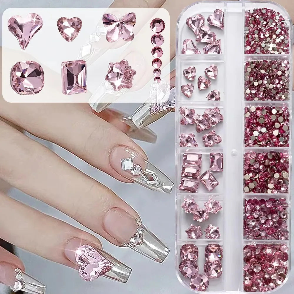 12 Grids 3D Nail Art Rhinestones Mixed Shapes Clear Glass Diamond Zpaxo