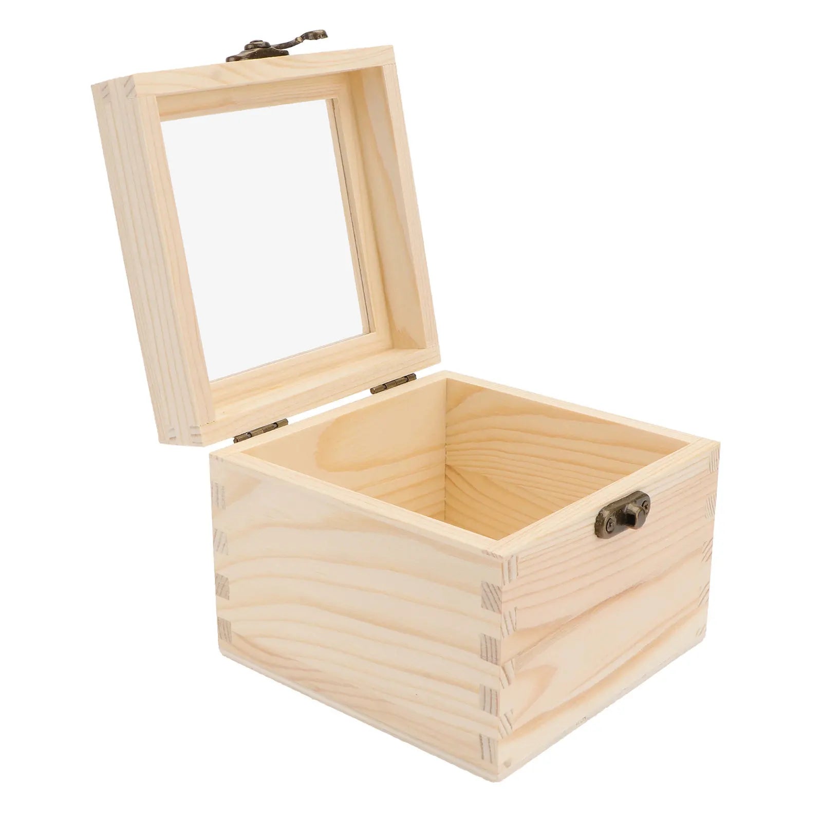 Wooden Box Classic Wood Glass Lid Lock Organizer Keepsake Crafts