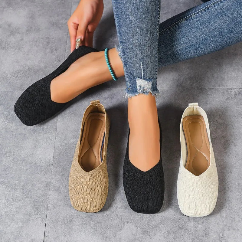 2026 Spring Autumn Square Toe Flat Office Boat Solid Knitted Slip