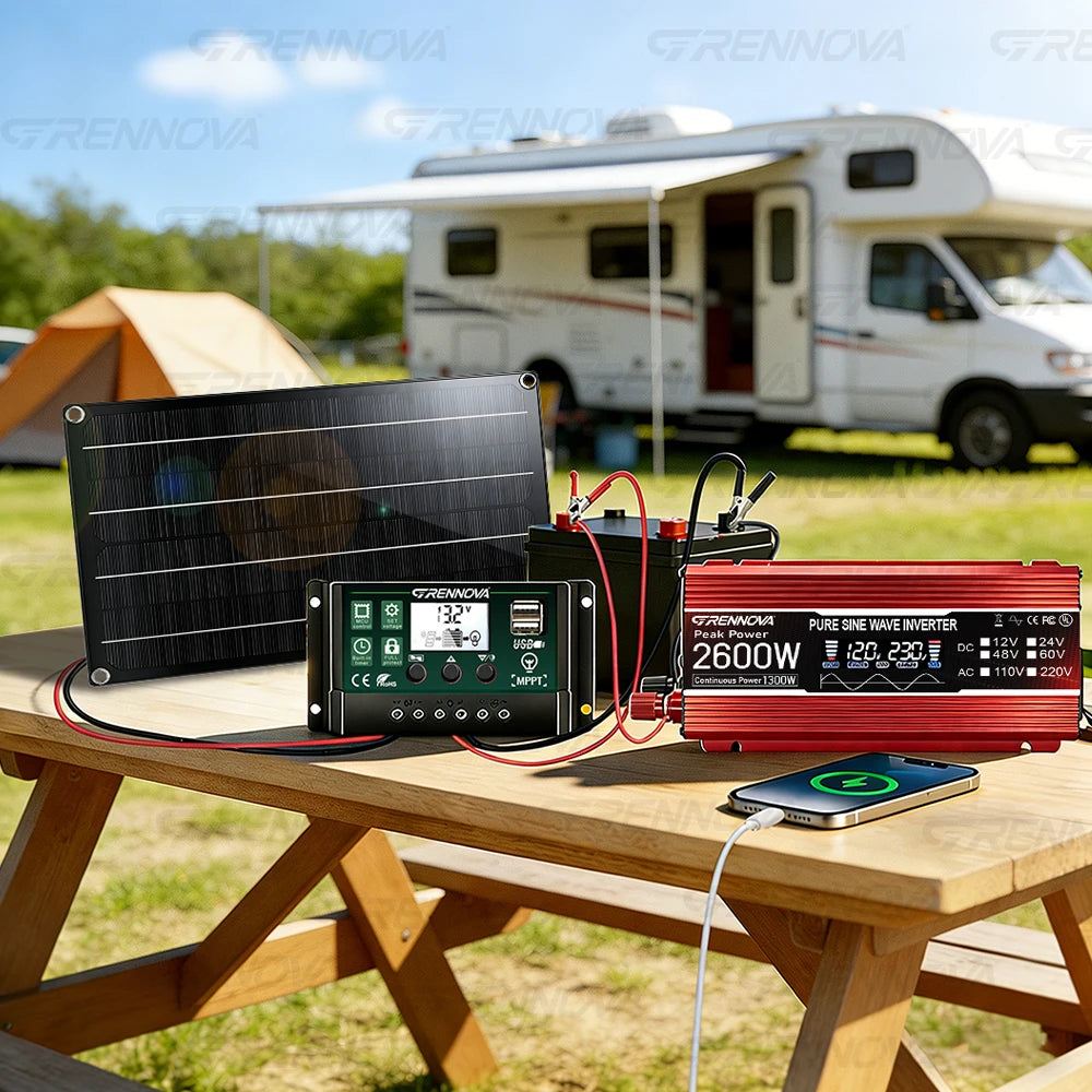 2600W PSW Off-Grid Solar Kit 60W Panel MPPT Controller Power Pure Sine 12V To 110V/220V Inverter For Pumps/Compressors/Medical Zpaxo