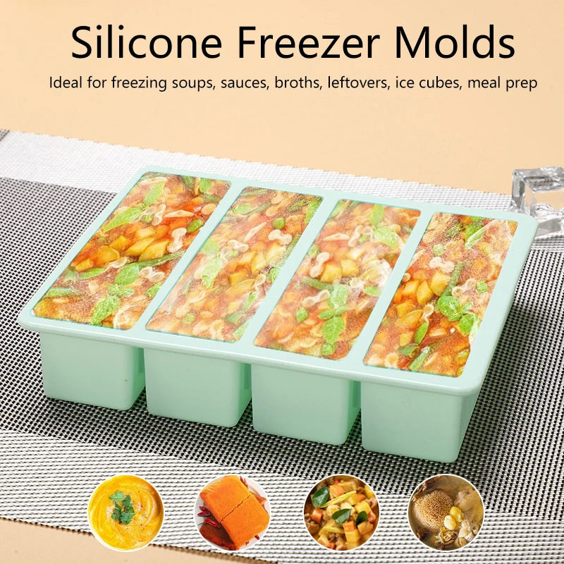 Ice Cream Mold 4 Grids Giant Storage Food Meal Sauce Lid Silicone Zpaxo